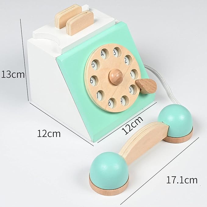 Classic Wooden Telephone, Realistic Vintage Dial Telephone Playset Pretend Play Montessori Interactive for Age 3Y and Up