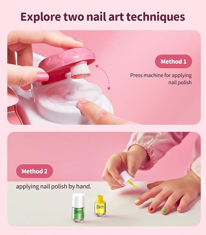 Geyiie Kids Nail Polish Set for Girls, Nail Salon Toys, Nail Decals for Nail Art for Little Girls, Kids Nail Kit with Storage Space, Fake Nails, Nail Dryer, Kids Makeup Kit as Party Favor Gifts