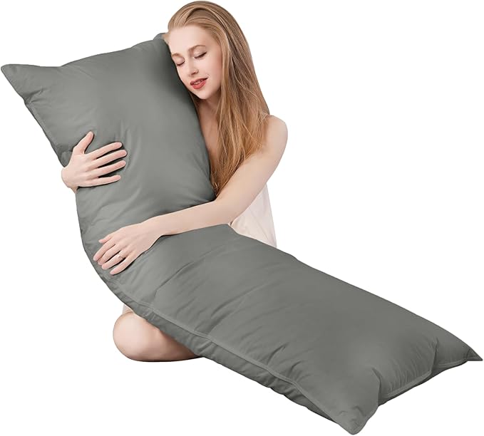 Goose Down Body Pillows for Adults, Large Body Pillow for Side Sleeper, Hugging Feather Body Pillow Insert, Cooling Full Length Long Pillow for Bed with 100% Organic Cotton Shell, 20"x54" Dark Grey