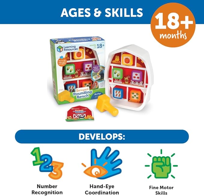 Learning Resources Barnyard Pounding Bench, Farm Animals for Kids, Fine Motor Skills, Kids Easter Gifts , Ages 18 Months+, 3 Pieces