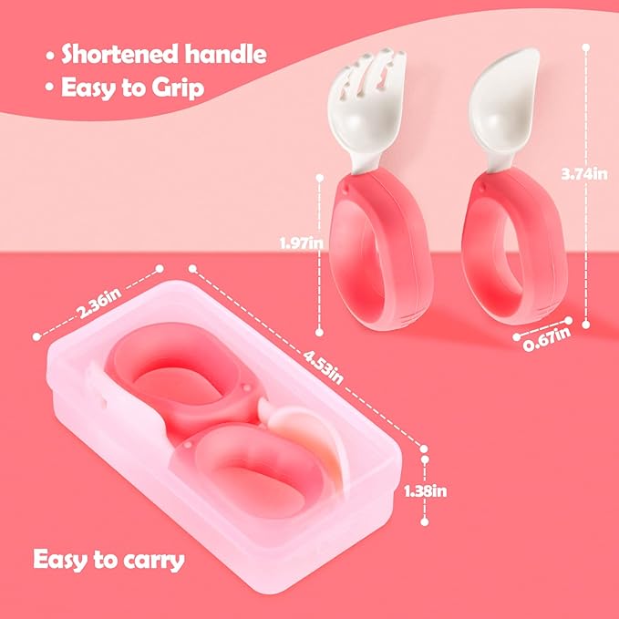Baby Self Feeding Training Spoon and Fork Set with Travel Case, BPA-Free Cute Circle Toddler Training Utensils, Silicone/ABS Great Tableware Set Spoons Fork for Kids(Pink)