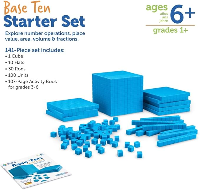 Learning Resources Plastic Base Ten Starter Kit - 141 Pieces, Ages 6+ Early Math, Counting, Math Games for Kids, Teacher and Classroom Supplies