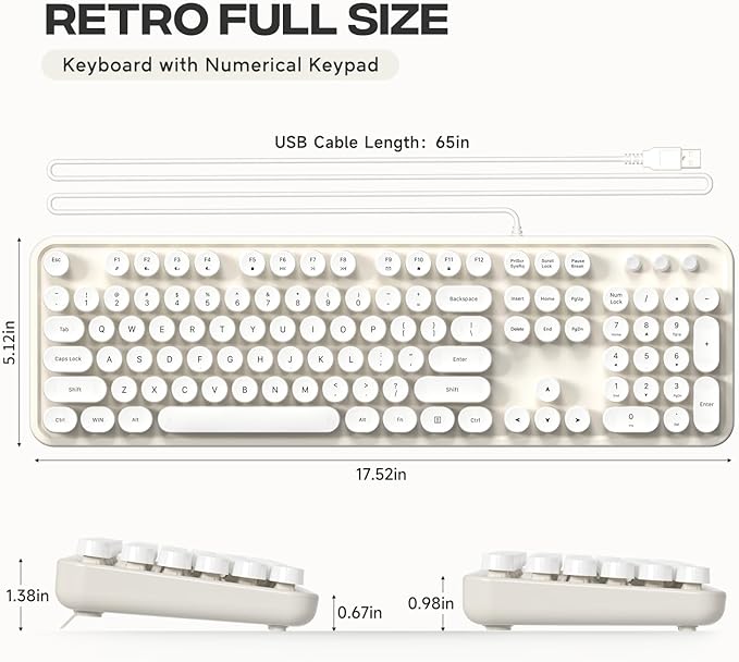 USB Wired Computer Keyboard - Full Size Office Keyboard with Number Pad, Caps Indicators, Foldable Stands, for PC Laptop Desktop Windows 7 8 10 (Creamy White)