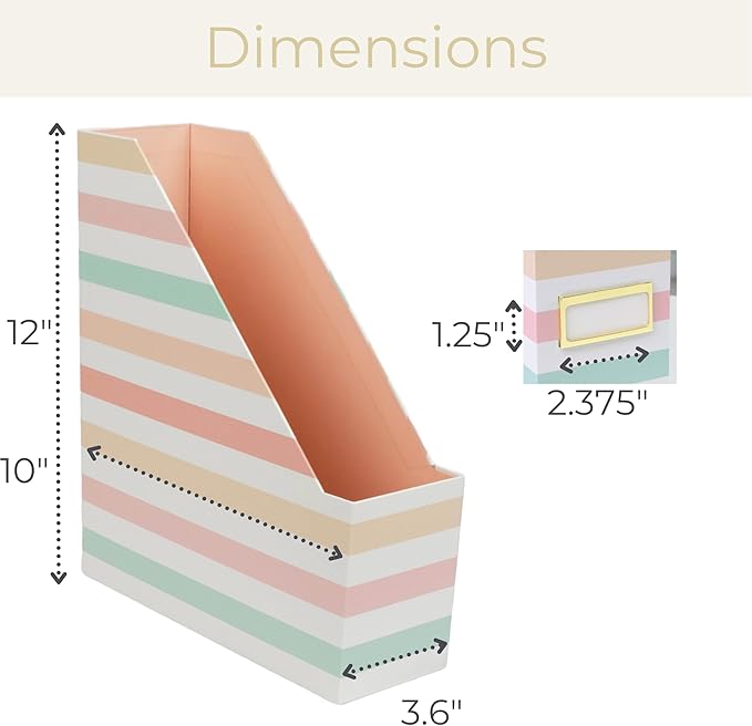 BLU MONACO Set of 4 Foldable Magazine Holders in Pastel Stripes | Cardboard Vertical File Organizer Boxes with Gold Label Holders | Stylish Paper Organizer for Desk, Office & Classroom