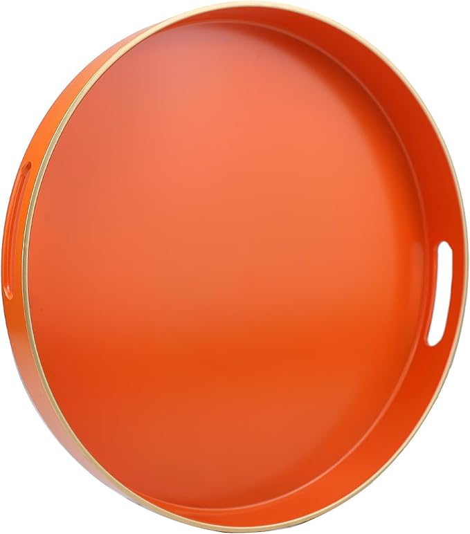 Omuriko Orange Round Decorative Tray with Handles, 13" Versatile Serving Tray for Coffee Table, Ottoman, Ideal for Serving, Displaying, Organizing