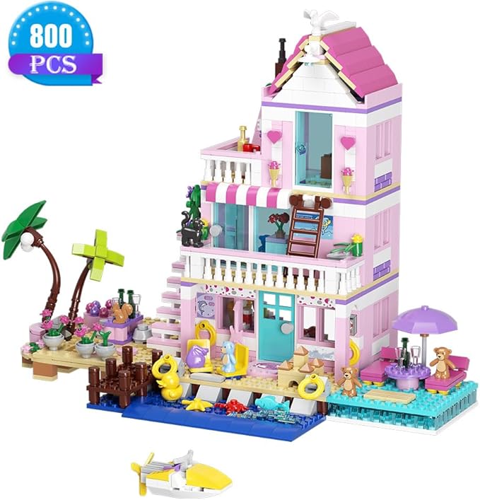 MindBox Girls Seaside Villa Building Blocks,812pcs Beach House Building Toys for Kids Age 8+,Mini Brick
