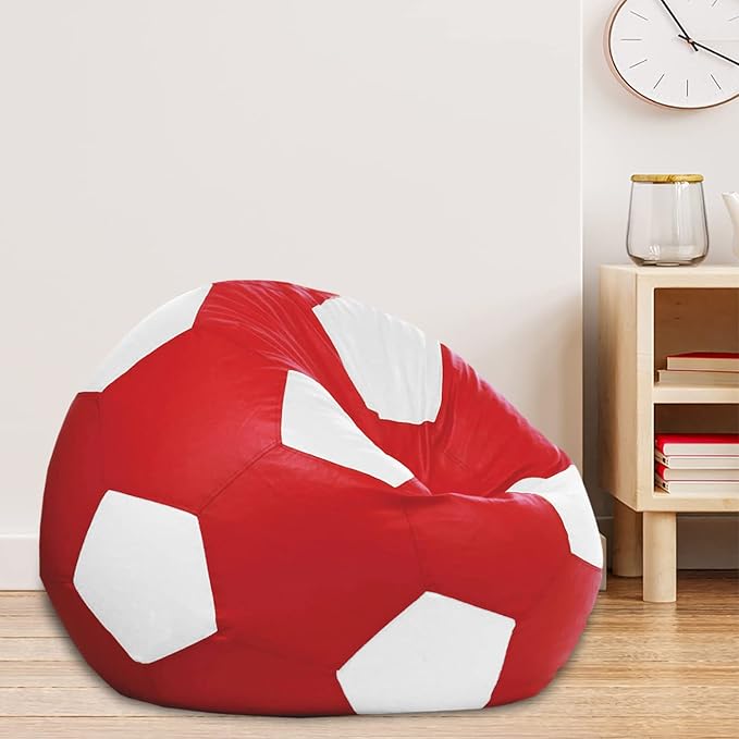 Ample Decor Bean Bag Cover Without Beans, Comfortable Soccer Design Bean Bag Cover Made from Leatherette (Filling Not Included) Ideal for Children and Teenagers – Red and White