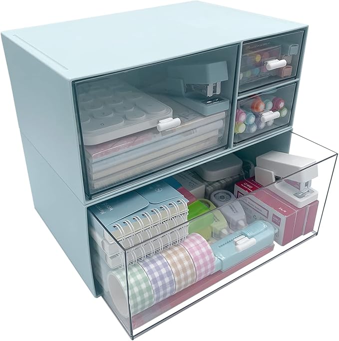 Desk Organizer with 4 Drawers, Makeup Organizer, Plastic Sundries Storage, Vanity Organizer, Cosmetic Storage Organizer, Desk Storage Box, Bathroom Counter or Dresser, Blue (CD-QBH-02)