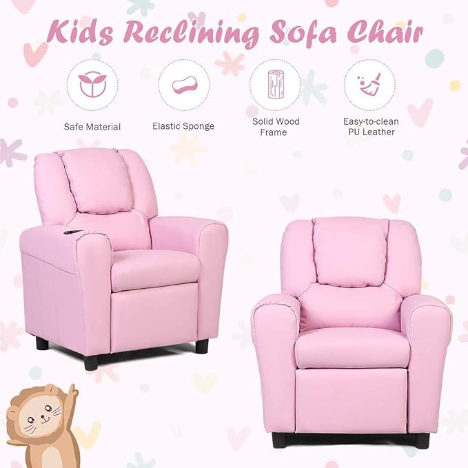 ARLIME Kids Recliner chair, toddler Armchair Upholstered Couch with Cup Holder, Backrest, baby Leather sofa with Headrest and Footrest, Child Furniture for Ages 2-7(Pink)