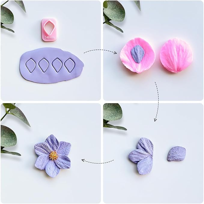 Keoker Flower Petal Clay Cutters - Polymer Clay Cutters for Earrings Making, 4 Shapes with Polymer Clay Petal Press Mold, Clay Cutters for Polymer Clay Jewelry (A)