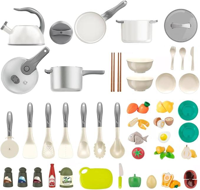 Bruvoalon 67Pcs Kids Play Kitchen Toys Set, Toddlers Pretend Cooking Playset Acccessories with Pots Pans, Utensils Cookware, Foods, Canned Veges, Learning Gift for Kids Girls Boys (White)