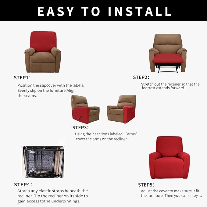 Easy-Going 100% Dual Waterproof Recliner Cover Stretch Soft Couch Cover for Dogs, Sofa Slipcover for Recliner Couch Leakproof Furniture Protector for Kids Christmas Red