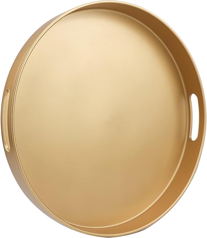 Omuriko Gold Round Decorative Tray with Handles, 13" Versatile Serving Tray for Coffee Table, Ottoman, Ideal for Serving, Displaying, Organizing
