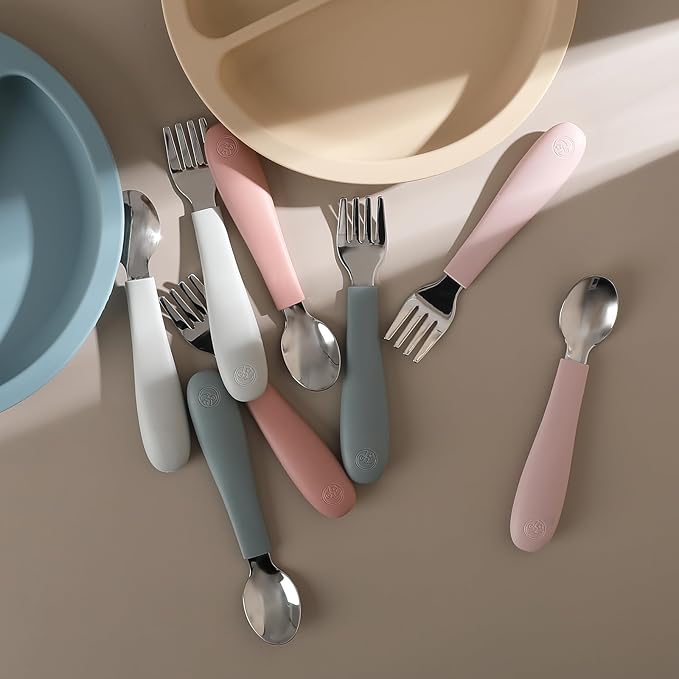 CoixFoam 8 Pieces Toddler Utensils, Toddler Safe Silverware Set With Food Grade Silicone Hanlde, 18/8 Stainless Steel, Perfect Length For New Self Feeders, Dishwasher Safe