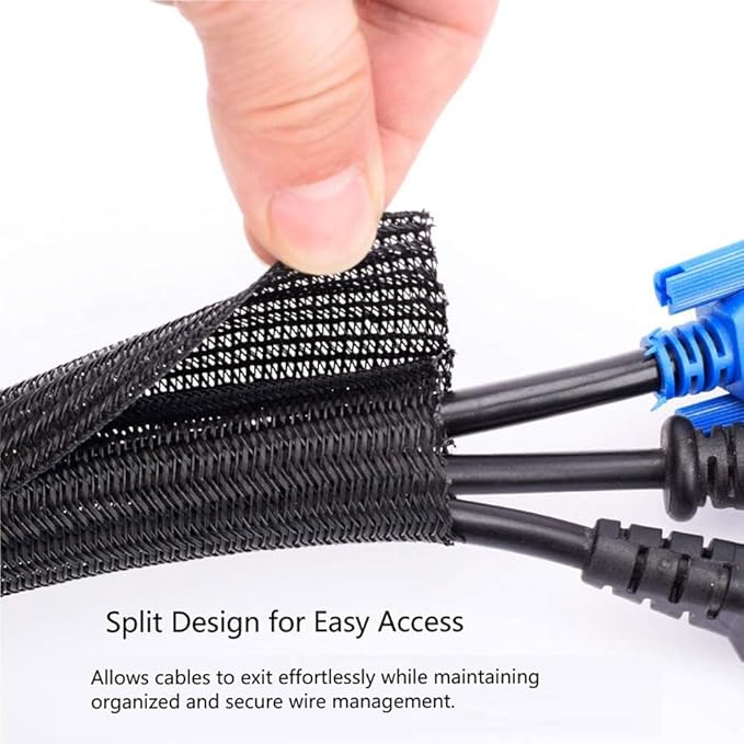 2pcs 5ft-3/4inch Black/White Cable Sleeve - Protects Cords from Pets & Organizes Wires - Modern Style - Polyester Material - Flame Retardant - Easy to Use & Cut (Black, 5ft-3/4inch)