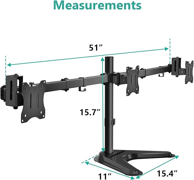 WALI Free Standing Triple Monitor Mount, Heavy Duty Triple Monitors Stand for 13-27 inch Screens, Adjustable 3 Monitor Arm Desk Mount with Swivel, Tilt, Rotation, Grommet Base (MF003N), Black