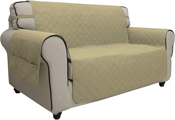 Easy-Going Sofa Slipcover Loveseat Cover Waterproof Couch Cover Washable Sofa Cover for 2 Cushion Couch Non-Slip Fabric Furniture Protector with Pocket for Pets Kids Dog Cat (Loveseat, Sand)