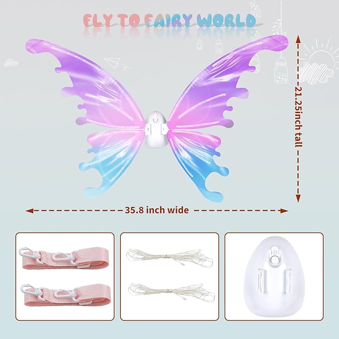 Electric Fairy Wings for Girls, Light Up Moving Butterfly Wings with LED Lights and Music, Toy for Kids as Halloween Valentine Birthday Christmas Party Costume Princess Cosplay Dress Up Gift
