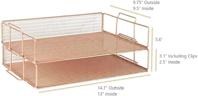 BLU MONACO | Rose Gold Mesh Paper Tray Set of 2 | Stackable Letter Trays for Desk Organization | Durable Metal Document Holder & Workspace File Storage