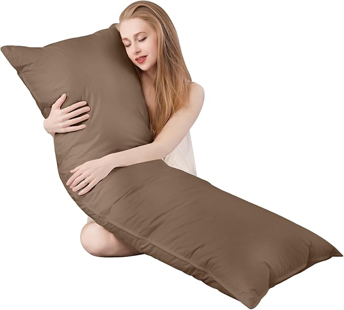 Goose Down Body Pillows for Adults, Large Body Pillow for Side Sleeper, Hugging Feather Body Pillow Insert, Cooling Full Length Long Pillow for Bed with 100% Organic Cotton Shell, (Chocolate 20"x54")