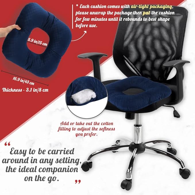 Stuffed Donut Pillow Seat Cushion | for Tailbone and Coccyx Pain, Hemorrhoids, Bed Sores, Pregnancy, Prostate, Surgery Recovery, Sitting Pressure Relief, for Home, Office and Car (Dark Blue)