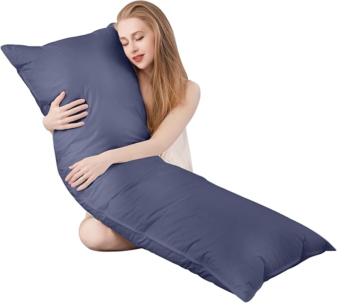 Goose Down Body Pillows for Adults, Large Body Pillow for Side Sleeper, Hugging Feather Body Pillow Insert, Cooling Full Length Long Pillow for Bed with 100% Organic Cotton Shell, Navy Blue 20"x72"