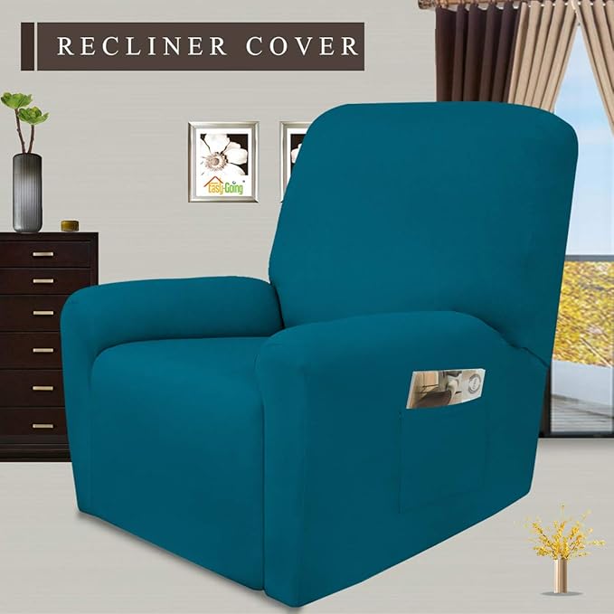 Easy-Going 4 Pieces Microfiber Stretch Recliner Slipcover – Spandex Soft Fitted Sofa Couch Cover, Washable Furniture Protector with Elastic Bottom for Kids, Pet(Recliner, Peacock Blue)
