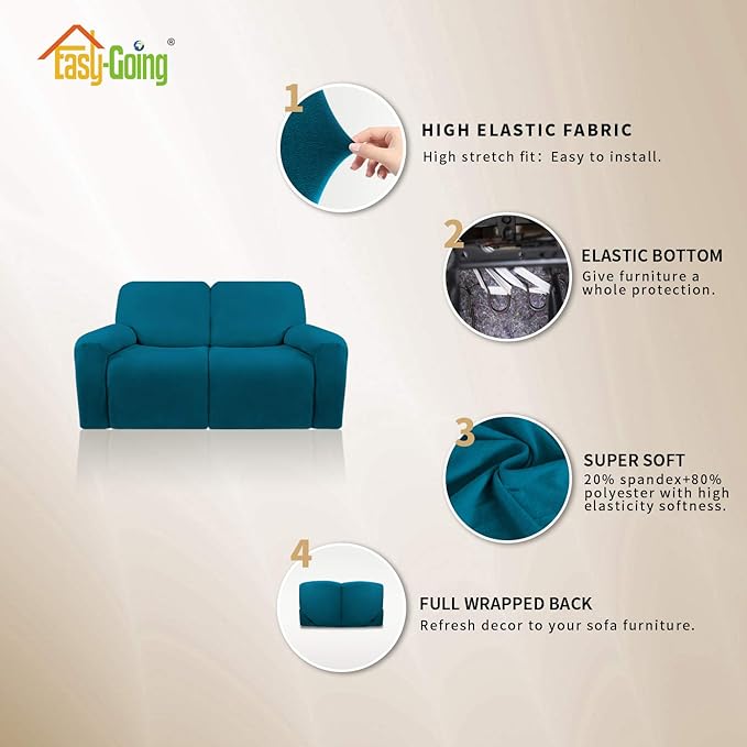 Easy-Going 6 Pieces Microfiber Stretch Sectional Recliner Sofa Slipcover Soft Fitted Fleece 2 Seats Couch Cover Washable Furniture Protector with Elasticity for Kids(Recliner Loveseat, Peacock Blue)