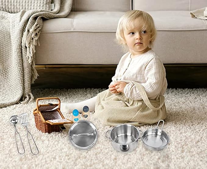 Kids Play Kitchen Toys, Stainless Steel Kitchen Utensils, Pretend Play Kitchen Accessories, Montessori Learning Toy for Toddlers 1-3