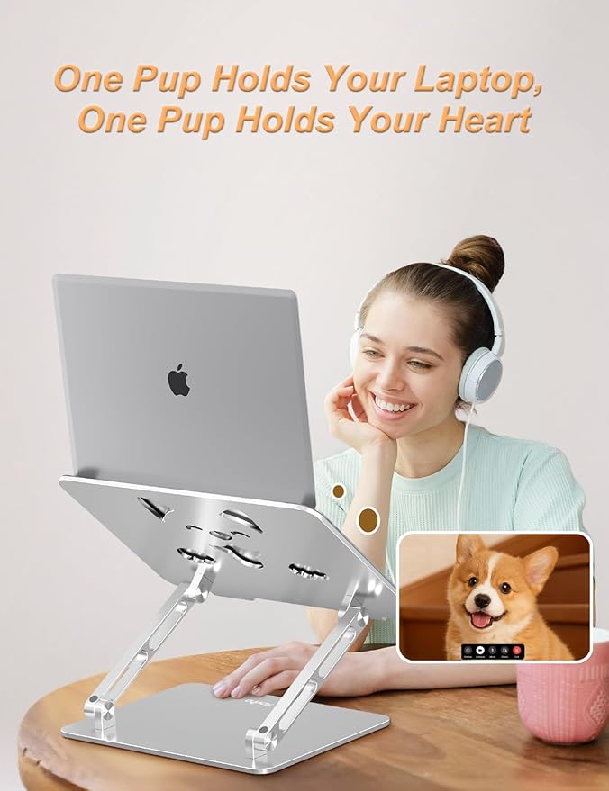 Aluminum Laptop Stand for Desk, Height-Adjustable Riser, Sturdy Ergonomic Holder with Puppy Shaped Vents for Heat Dissipation, Fits 10"-17.3" MacBook Air/Pro, Dell, HP, Lenovo, Silver