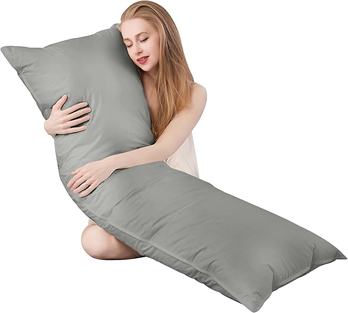 Goose Down Body Pillow for Side Sleeper, Large Body Pillows for Adults, Hugging Feather Body Pillow Insert, Cooling Full Length Long Pillow for Bed with 100% Organic Cotton Shell, (Dark Grey 20"x72")