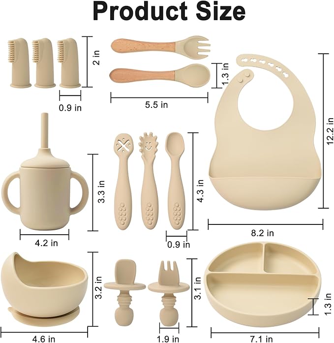 Silicone Baby Feeding Set 14 Pcs,Baby Led Weaning Supplies, Baby Spoons Suction Bowl Divided Plate Bib Cup Finger Brush,First Stage Solid Food Eating Utensils - 6+ Months(Beige)