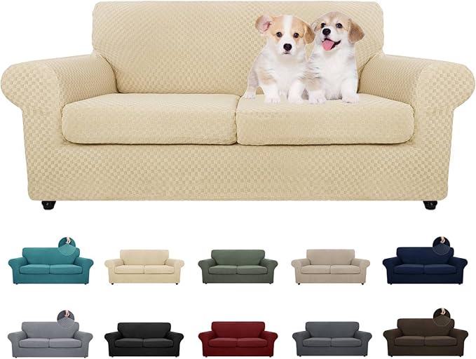 MAXIJIN 3 Piece Stretch Couch Covers for 2 Cushion Couch Sofa Slipcovers with 2 Extra Large Seat Cushion Couch Jacquard Loveseat Sofa Couch Cover for Dogs (2 Cushion Sofa, Light Beige)