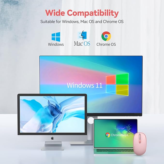 TECKNET Wireless Mouse, 2.4G Quiet Computer Mouse with USB Receiver, 4 Buttons Portable Cordless Mice for Chromebook, Laptop, PC, Mac, 800/1200/1600 DPI - Pink