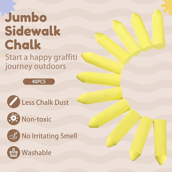 Fulmoon 40 Pcs Jumbo Sidewalk Chalk for Kids Outdoor Art Non Toxic Large Washable Street Chalk for Adults Drawing Painting Graffiti Classroom(Yellow,Sharp Style)
