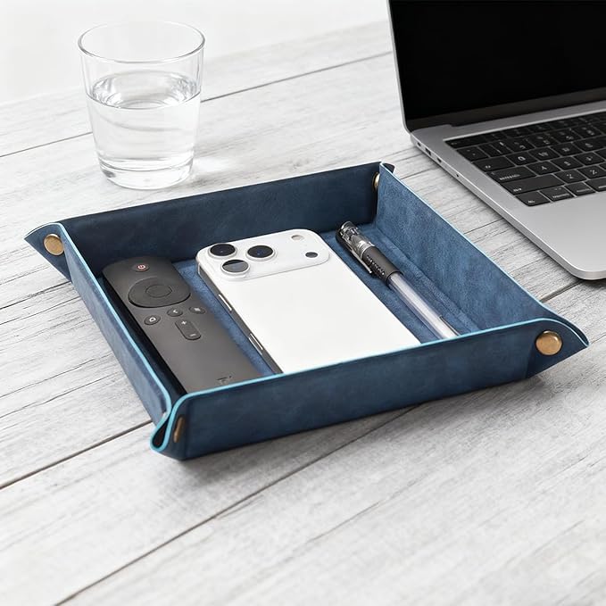 WAYIFON Valet Tray Desktop Storage Organizer – Premium PU Leather Catchall Bedside Vanity Tray Nightstand Caddy Holder for Remote Controller, Keys, Phone, Wallet, Coin, Jewelry,Blue