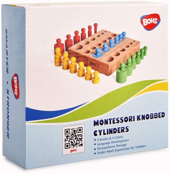 BOHS Montessori Knobbed Cylinders Blocks - 6 Pegs / 6.7 Inches - Colorful Wooden Early Home School Toys - 4pcs Set