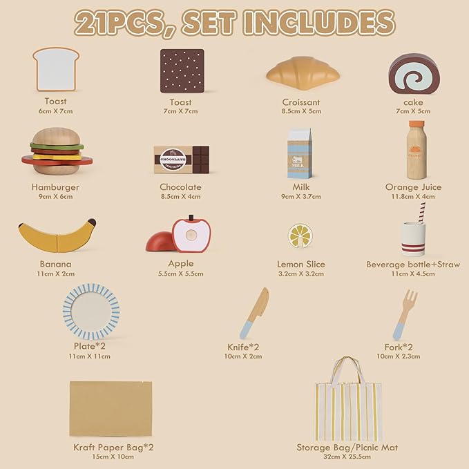 Lehoo Castle Play Food Sets for Kids Kitchen, Wooden Toys Food for Toddlers 1-3, Pretend Picnic Play Set, Cutting Food Toys, Gift for Girls Boys 3 4 5 6