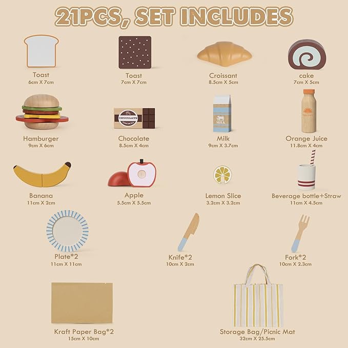 Lehoo Castle Play Food Sets for Kids Kitchen, Wooden Toys Food for Toddlers 1-3, Pretend Picnic Play Set, Cutting Food Toys, Gift for Girls Boys 3 4 5 6