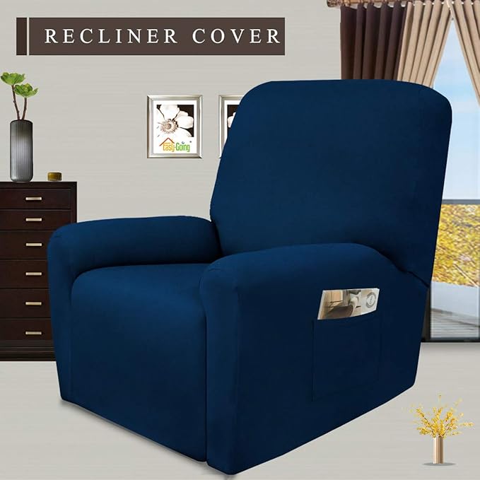 Easy-Going 4 Pieces Microfiber Stretch Recliner Slipcover – Spandex Soft Fitted Sofa Couch Cover, Washable Furniture Protector with Elastic Bottom for Kids, Pet(Recliner, Navy)