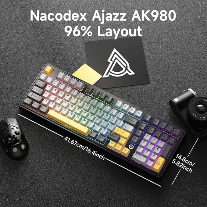NACODEX Ajazz AK980 Grey Yellow Wireless Mechanical Gaming Keyboard,Tri-Mode BT5.0/2.4GHz/USB-C Hot Swappable Custom Keyboard RGB Backlit Computer Gaming Keyboards for PC/Tablet/PS/Xbox