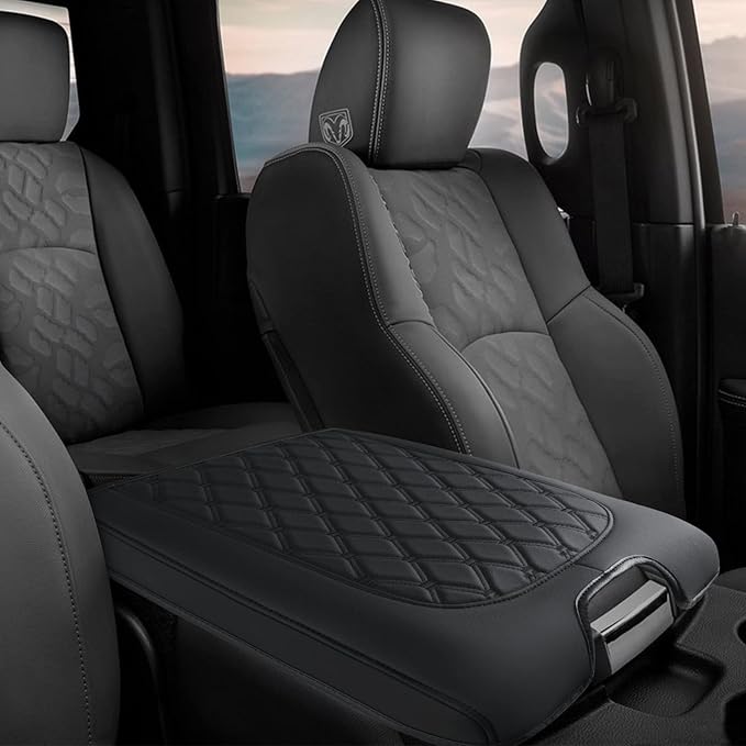 GIANT PANDA Custom Fit Console Cover for 2013-2018 Ram 1500 & 2013-2024 Ram 2500/3500/1500 Classic Model Jump Seat Console - Waterproof Faux Leather Armrest Center Cover - Full Protection - Black