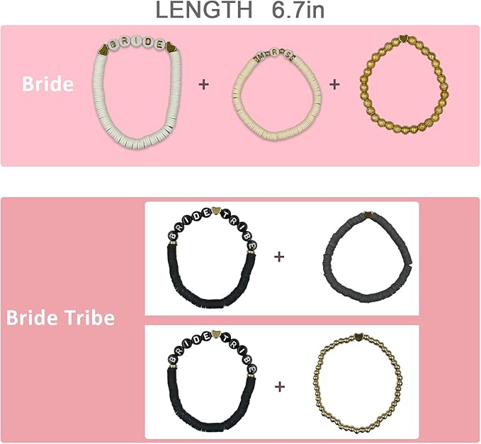 Bachelorette Party Favors, Wedding Gifts, 11 Pcs 6.7 inch Black Bride Tribe Clay Bead Bracelet Preppy Bracelet Stretch for Women Bridal Shower Decorations Party Beach Supplies (White & Black Series)