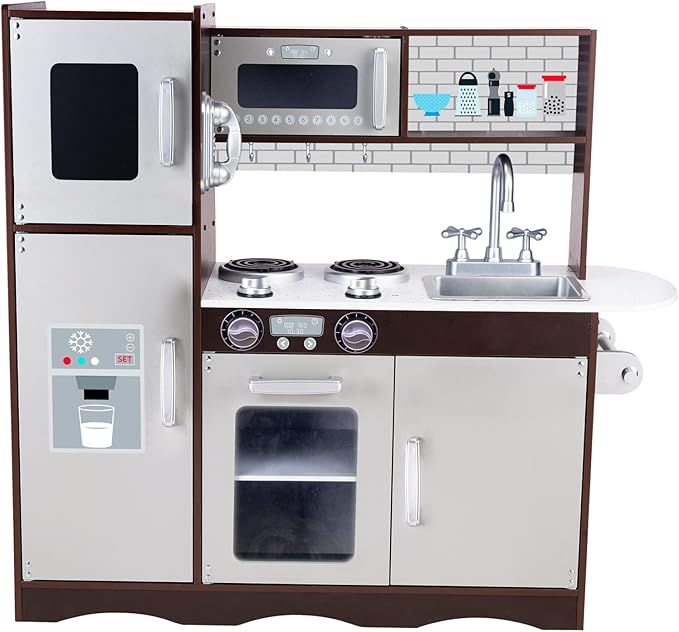 Kitchen Playset for Kids Ages 3-8, Wooden Pretend Play Kitchen with Realistic Sounds, Including Telephone, Ice Maker, Refrigerator, Dimensions: 35” H x 31” W x 12” D (Black)