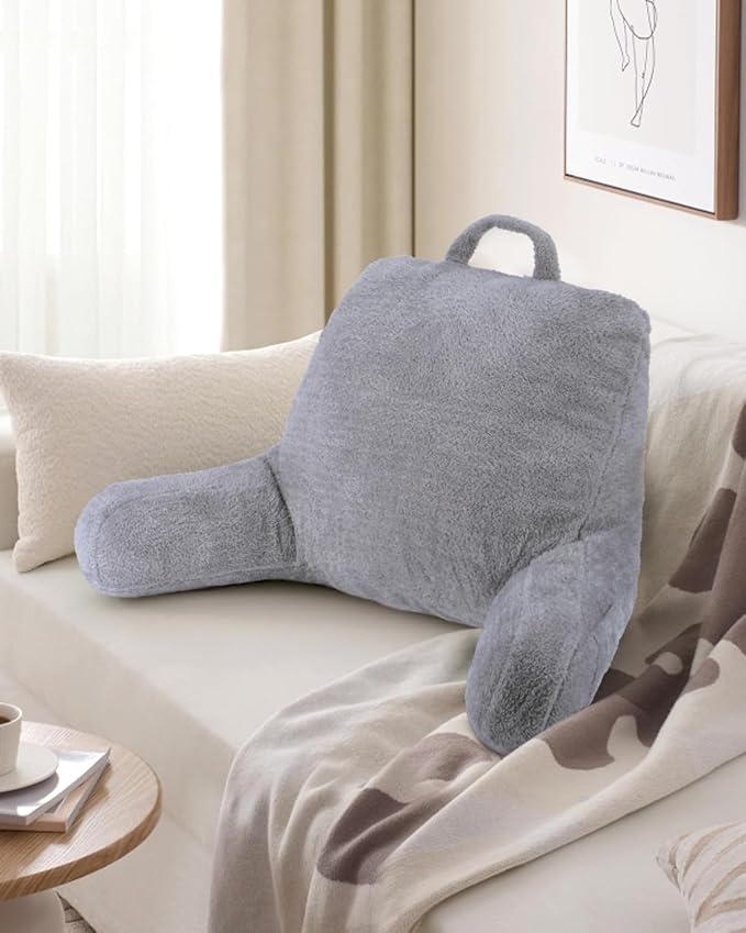 Blissful Diary Plush Velvet Reading Pillow for Kids/Teens/Adults, Back Rest Pillow for Sitting Up in Bed with Shredded Memory Foam, Includes Arms and Washable Cover, Light Gray