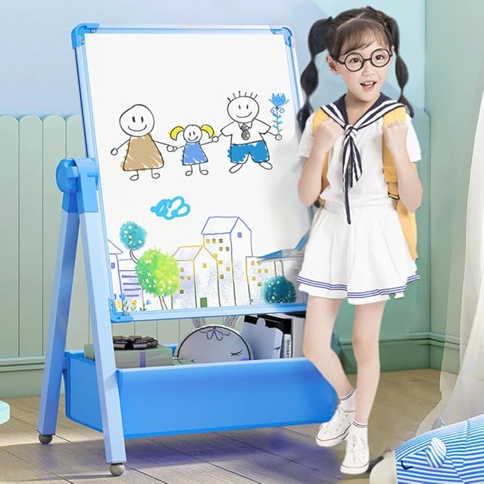 Harmoniousplay Kids Double Sided Easel Double Sided Magnetic Whiteboard and Chalkboard Adjustable Height Art Easel Ages 2 and Up (Blue), Pink