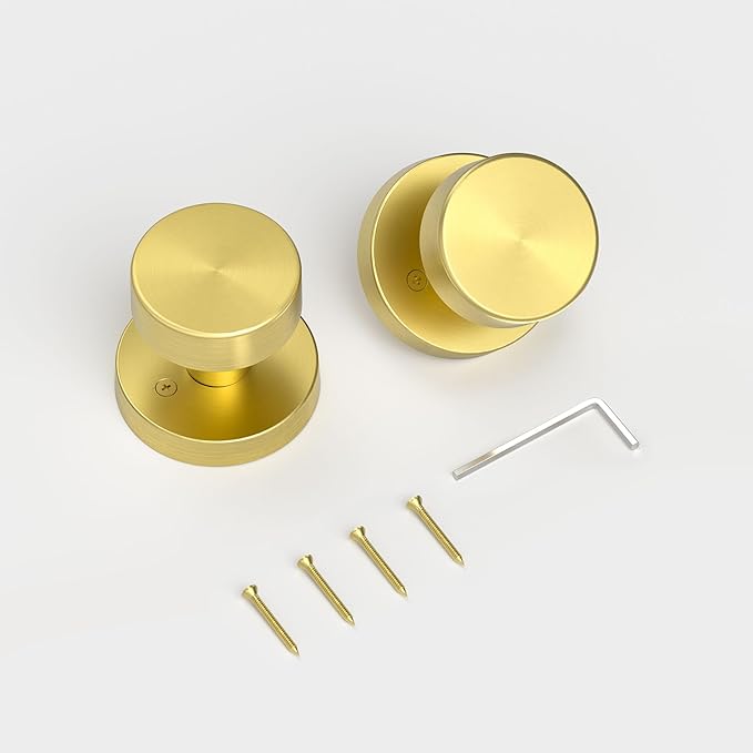 2 Pack Gold Dummy Door Knob Satin Brass Dummy Door Knobs Interior, Round Modern Door Knob Brushed Gold Dummy Door Handle Interior for Hall Pantry Closet Door Knobs