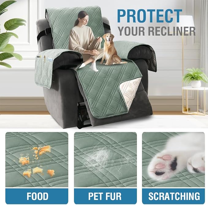 H.VERSAILTEX 100% Waterproof Couch Cover for Reclining Couch Reversible Recliner Covers for Large Recliner with Elastic Straps Sitting Width Up to 28" (Oversized Recliner, Lily Pad/Beige)
