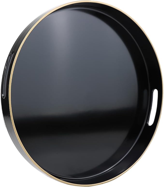 Omuriko Black Round Decorative Tray with Handles, 13" Versatile Serving Tray for Coffee Table, Ottoman, Ideal for Serving, Displaying, Organizing
