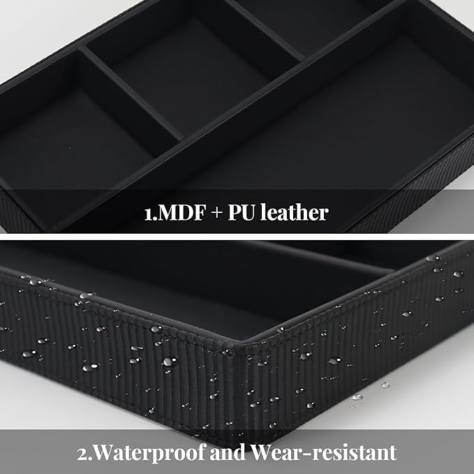 Buqoo PU Leather Valet Tray, Office Supplies Organizer, Stackable Desktop Organizer and Accessories Drawer Organizer for Storing Office Supplies, Jewelry, Cosmetics, Black